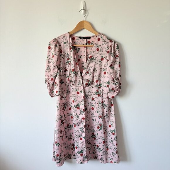Zara Satin Effect Rose Floral Button Front Short Sleeve Dress Pink Size Medium - Picture 5 of 9